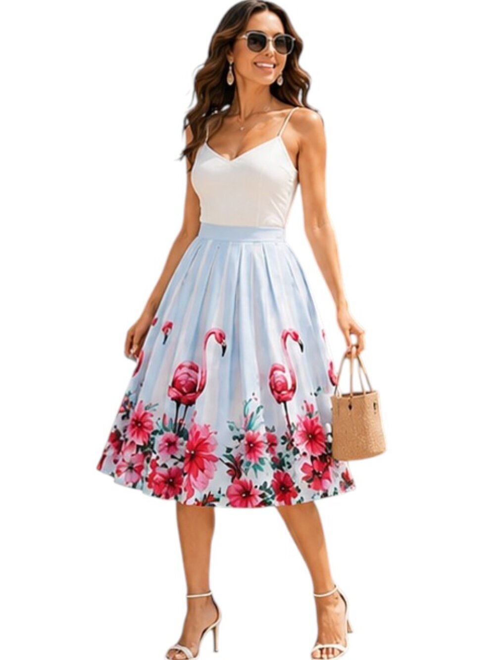 🦩 Flamingo Floral A-Line Midi Skirt – High Waist  Pleated  Tropical Print  XL